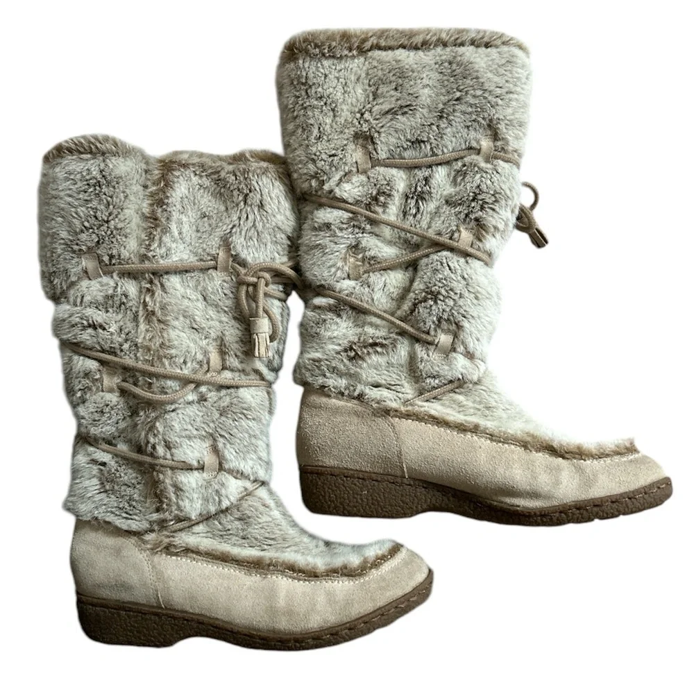Sam Edelman Faux Fur Leather Suede Boots Neutral Warm Winter Size 7.5